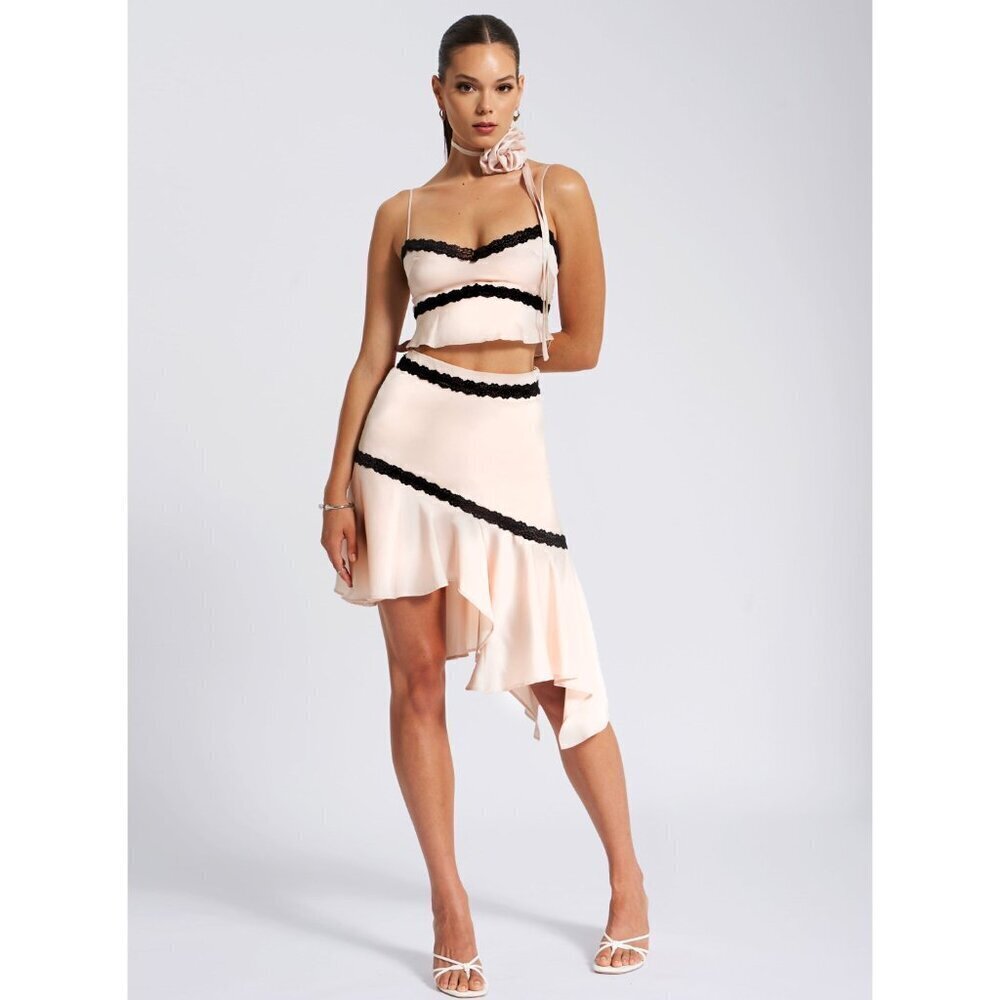 Yareli Beige Lace Trim Satin Strappy Top